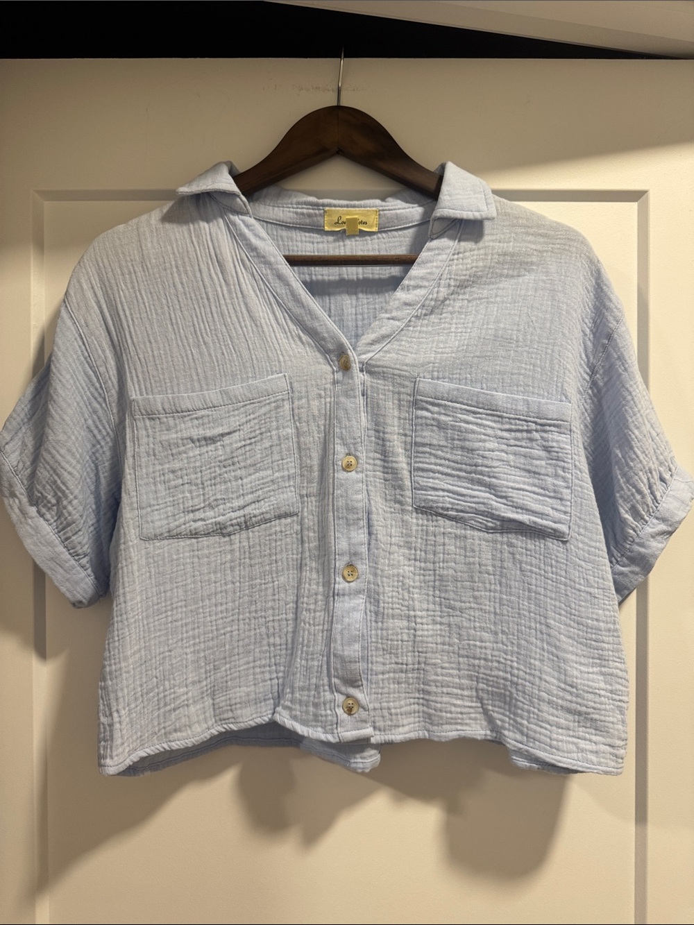 Light Blue Cotton Gauze Button-Front Boxy Button-Down Crop Top